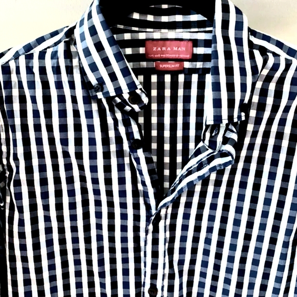 ZARA MAN Super Slim Fit Black, White Checked Dress Shirt M. HP - Picture 2 of 6